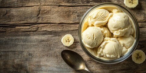 Poster - Banana ice cream scoops in a glass bowl on rustic wooden surface with sliced bananas and silver spoon on the side vertical layout for dessert promotion
