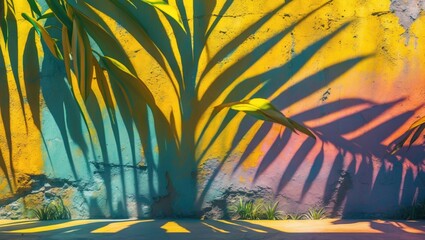 Poster - Vibrant palm leaves casting colorful shadows on a textured yellow wall creating an artistic nature background with copy space for designs.