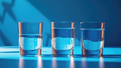 Poster - Three glasses of water reflecting shadows on a blue minimalist background showcasing transparency and light play in contemporary design.