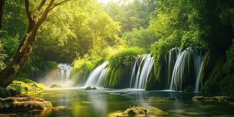 Fototapete - Lush green forest scene featuring cascading waterfalls and serene river with sunlight filtering through trees creating a tranquil atmosphere.