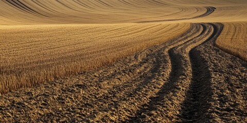 Aufkleber - Golden agricultural landscape showcasing undulating fields and distinct tire tracks leading into the horizon under a clear blue sky.