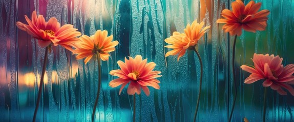 Poster - Floral scene with orange flowers behind a textured glass window creating a dreamy and vibrant atmosphere in soft focus.