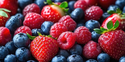 Poster - Vibrant assortment of fresh strawberries and blueberries mixed together on a dark surface showcasing rich reds and deep blues in close-up arrangement