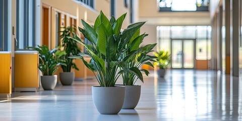 Poster - Bright indoor school hallway featuring lush green plants in modern gray pots positioned symmetrically on polished white floors and vibrant yellow accents.