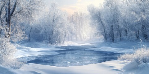 Aufkleber - Snowy winter landscape with frozen river and ethereal light, soft white and cool blue tones, trees covered in frost, peaceful serene atmosphere.