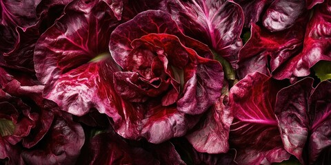 Poster - Vibrant close-up of deep red and purple romaine lettuce leaves with intricate textures and curves, filling the frame with rich organic colors.