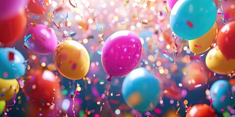 Poster - Colorful balloons in shades of pink, blue, yellow, and orange float amidst vibrant confetti and sparkling bokeh lights creating a festive atmosphere.