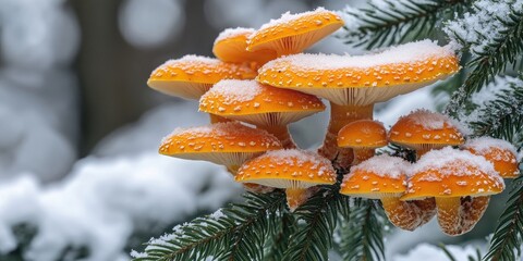 Poster - Vibrant orange flammulin mushrooms with snow-covered caps nestled among dark green conifer branches in a serene winter landscape.