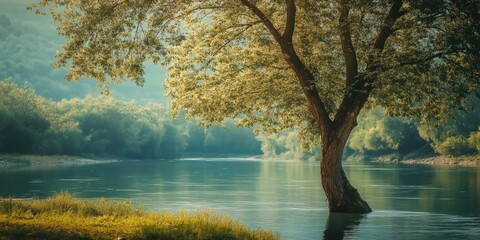 Fototapete - Tranquil river landscape with a lone tree on the calm water's edge surrounded by lush green foliage reflecting soft sunlight in a serene environment