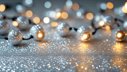 Poster - Glittery vintage lights with a soft focus on silver and light gold tones creating an elegant background for festive or celebratory themes.
