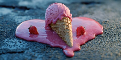 Poster - Melting pink strawberry ice cream cone forming a heart shape on asphalt surrounded by two whole strawberries vibrant pink and beige colors