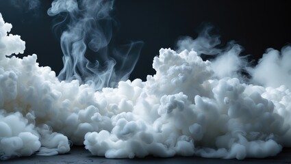 Poster - Dense White Smoke and Fog Clouds on Dark Background with Blurred Movement, Abstract Texture from Dry Ice Effects and Air Fluttering
