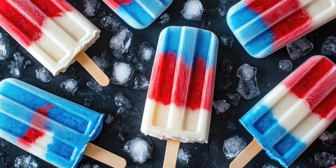 Aufkleber - Vibrant red white and blue popsicles arranged over crushed ice with wooden sticks on a dark background showcasing a patriotic summer treat