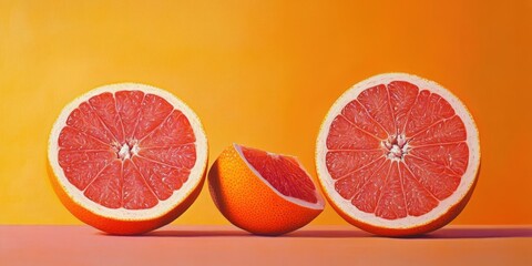 Poster - Vibrant grapefruit halves and a quarter on a softly blurred orange gradient background showcasing pink and orange hues highlighting fresh fruit.