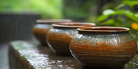 Poster - Serene rainfall scene with three textured clay pots on a stone surface surrounded by lush greenery and soft rain cascading down prominently.