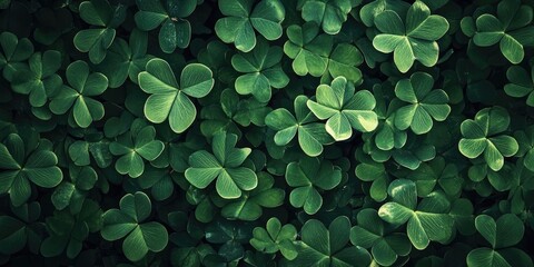 Leinwandbilder - Vibrant lush green clover leaves fill the frame with varying shades, creating a dense and harmonious pattern on a dark background.
