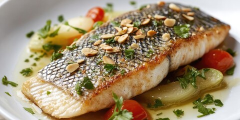 Poster - Grilled fish fillet garnished with sliced almonds, served on a plate with cherry tomatoes, herbs, and sautÃ©ed vegetables, featuring vibrant colors.