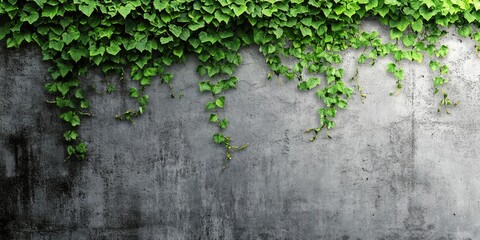 Wall Mural - Lush green ivy cascading down a textured gray concrete wall creating a balanced composition with vibrant foliage and a neutral background.