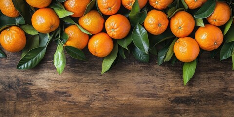 Poster - Fresh mandarins with vibrant orange skin and green leaves arranged artistically on a rustic wooden surface, showcasing their natural appeal.