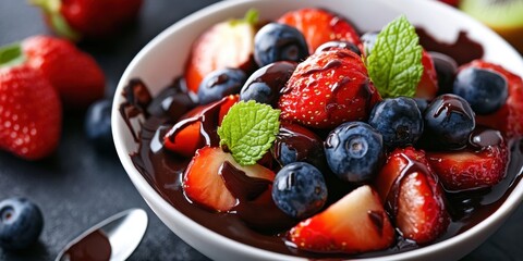 Poster - Delicious dessert bowl featuring fresh strawberries and blueberries drizzled with rich chocolate sauce garnished with mint leaves.
