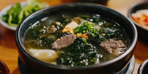 Aufkleber - Korean soup bowl with dark green leafy vegetables and beef slices surrounded by vibrant garnishes in a wooden table setting.