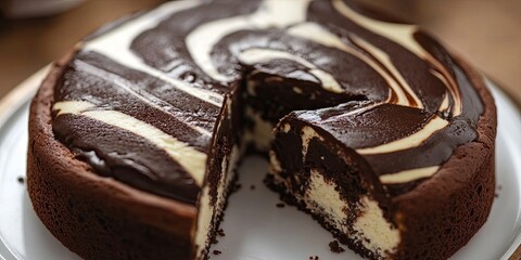 Poster - Chocolate cream marble cake with dark chocolate and white cream swirls, partially sliced on a white plate, set against a blurred rustic background.