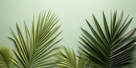 Poster - Vibrant green palm leaves in various shades arranged elegantly on a soft pastel green backdrop creating a tropical and serene atmosphere