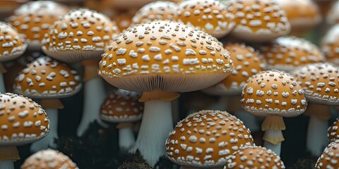 Poster - Mushroom background featuring clusters of golden-brown mushrooms with white speckles against a blurred green backdrop for creative projects