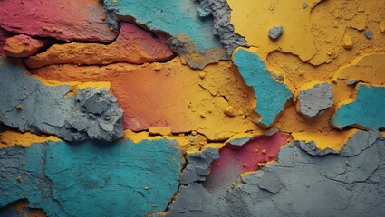 Poster - colorful textured wall with cracked paint in orange, teal, and gray hues creating an abstract backgr