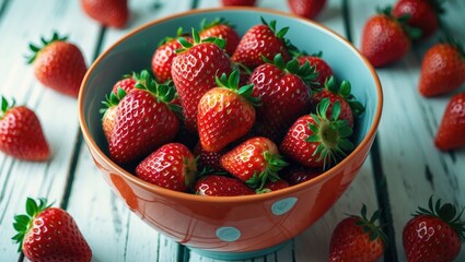 Wall Mural - Bowl filled with fresh ripe strawberries on wooden surface surrounded by scattered strawberries