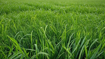 Poster - Lush Green Grass Field Texture Ideal for Natural Background and Blank Space for Text Overlay