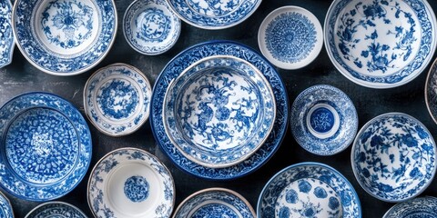Poster - Blue and white porcelain dishes arranged artistically on a dark background showcasing intricate floral patterns and various sizes and shapes of bowls.
