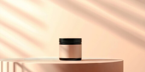 Poster - Minimalist label logo mockup featuring a round container on a peach-toned circular pedestal with soft light and shadow effects for branding design.