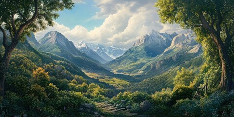 Aufkleber - Lush overgrown foliage frames a breathtaking mountain valley under a bright sky with soft clouds highlighting vibrant greens and tranquil blues.