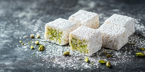 Poster - Pistachio Turkish delight cubes dusted with powdered sugar on dark textured background with scattered pistachios and sugar for an elegant dessert display