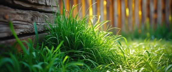 Poster - Vibrant green grass growing alongside a rustic wooden wall bathed in warm sunlight creating a serene outdoor atmosphere
