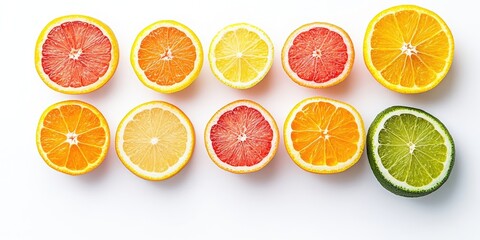 Aufkleber - Colorful citrus fruit slices arranged in a horizontal line on a white background featuring oranges, grapefruits, lemons, and limes in vibrant colors.