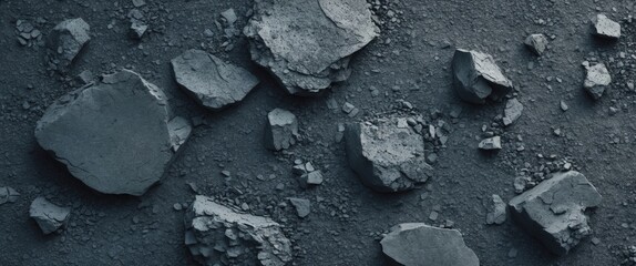 Poster - Textured asphalt surface with scattered rough stones in shades of gray ideal for backgrounds or construction-related designs.
