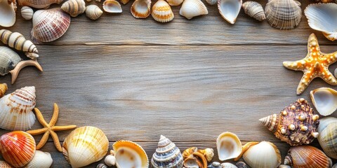 Poster - Seashells and starfish in warm hues frame a rustic wood background, perfect for summer holiday memories and beach-themed designs.