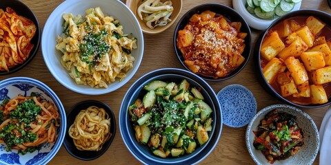 Aufkleber - Assorted Korean comfort food dishes featuring marinated vegetables and Namul in vibrant bowls on a wooden table with garnishes.