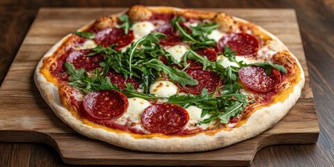 Poster - Pepperoni pizza with mozzarella cheese and salami topped with fresh arugula on a wooden board highlighting vibrant red and green colors.