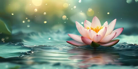 Aufkleber - Serene water lily in pastel pink and white hues floating on a tranquil pond with soft green tones and shimmering reflections in the background