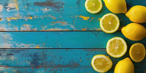 Aufkleber - Fresh bright yellow lemons and slices on a textured rustic blue wooden table, with whole lemons positioned at the bottom right and slices arranged above.