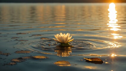 Poster - Tranquil water lily bathed in golden sunset light reflecting on serene water surface with gentle ripples and floating leaves.