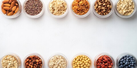 Poster - Assorted nuts and cereals in clear containers arranged neatly on a white surface ensuring ample blank space for text or writing purposes