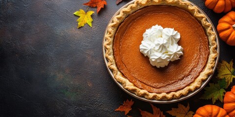 Poster - Pumpkin pie topped with whipped cream arranged on a dark background with autumn leaves and orange pumpkins scattered around for a festive feel