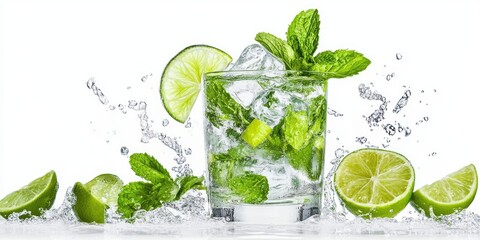 Poster - Refreshing mojito with mint leaves and ice cubes in a clear glass surrounded by lime wedges on a bright white background with splashes of water