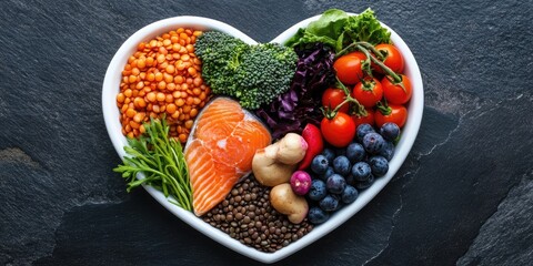 Poster - Heart-shaped plate filled with healthy foods including salmon, broccoli, tomatoes, blueberries, lentils, and greens on a dark slate background.