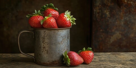Poster - Rustic wooden table with a weathered metal mug overflowing with vibrant ripe strawberries against a dark textured background