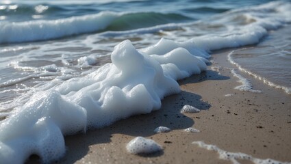 Wall Mural - foamy ocean waves washing up on sandy beach during daytime with gentle reflections and shadows on th